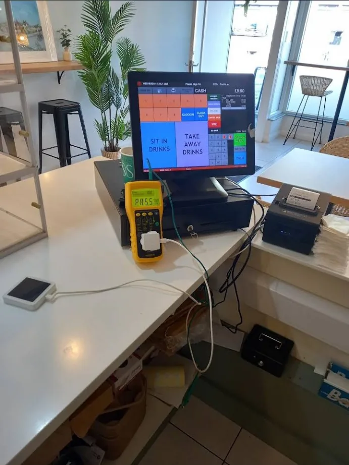 Cafe till and point-of-sale equipment being PAT tested